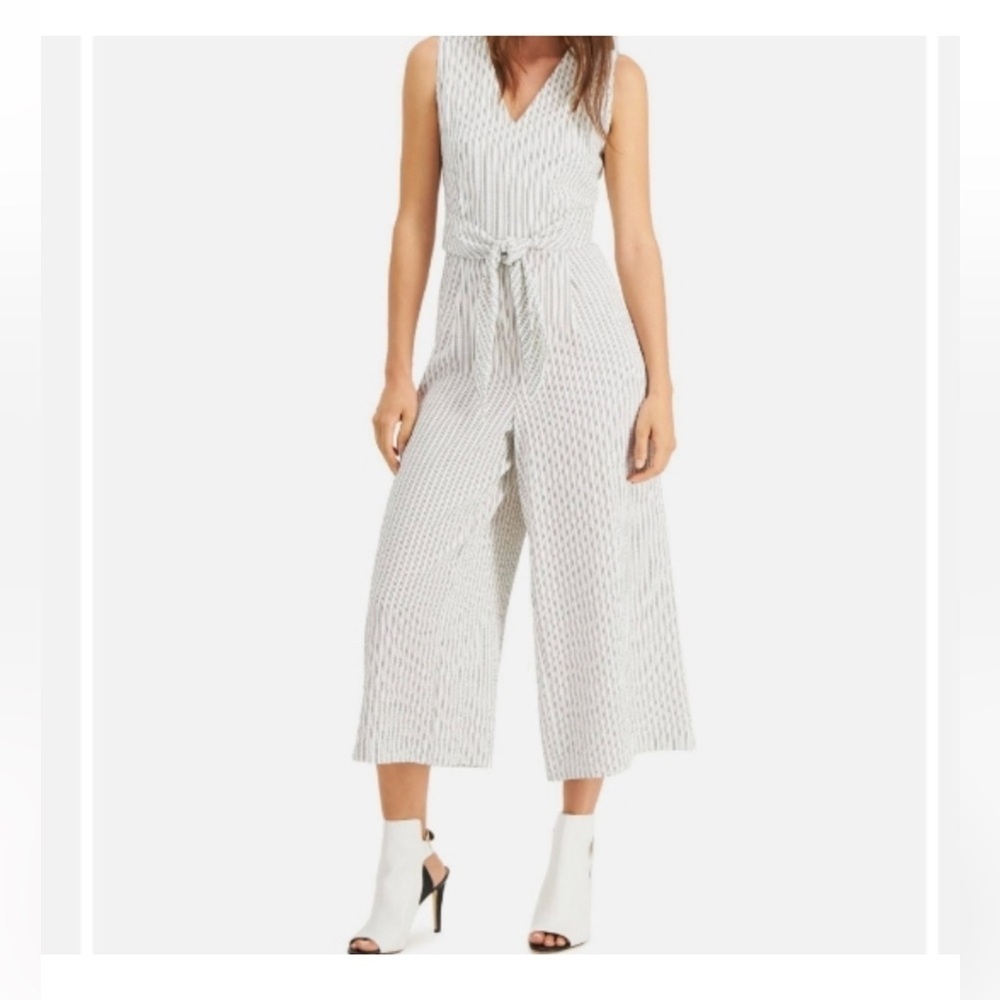 Calvin Klein (Size 10) White & Black Pinstripe Belted Crop Jumpsuit - Like New